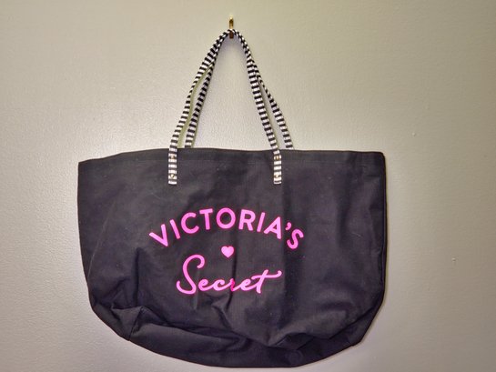 Victoria's Secret Black Tote Bag - Large Canvas With Striped Handles