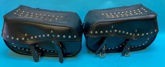 Vintage Leather Motorcycle Saddlebags With Brass Studs - Set Of Two