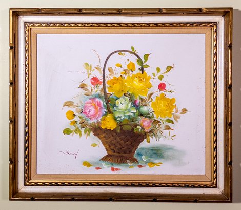 Beautiful Signed Floral Painting With Basket Of Roses In A Vintage Ornate Frame - 20x24 Inches