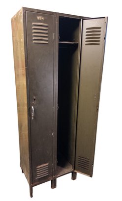 Vintage Metal Locker, Triple Unit, Industrial Storage, Army Green, 36' Wide By 18.5' Deep By 6.5 Tall