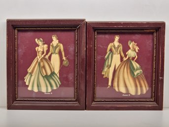 Lot Of Two Vintage Victorian Couple Art Prints By Turner 7.5'x8.5' In Rust Colored Painted Wood Frames