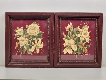 Pair Of Vintage Floral Still Life Prints By Turner Framed In Rust Colored Painted Wood Frames 7.5'x8.5'