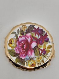 Vintage 3' Porcelain And Gold Tone Metal Powder Floral Compact Made In Japan W Mirror Eisko