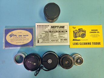 Lot Of Vintage And Antique Lenses And Associated Papers Nikon Mamiya Sekor Sunpak Travenar Camcorder