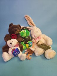 Lot Of 7 Adorable Stuffed Animals In Excellent Condition, Teddy Bears, Bunny Rabbit, Crocodile, Frog, Flamingo