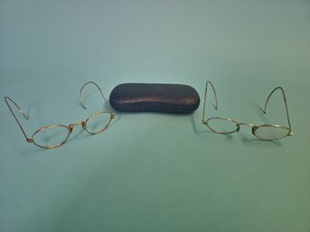 Pair Of Antique Glasses Frames Harry Potter John Lennon Style And Leather Case.