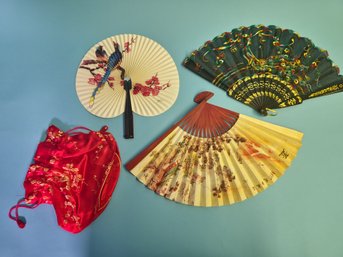 Lot Of Gorgeous Vintage Oriental Fans And Silk Pouch