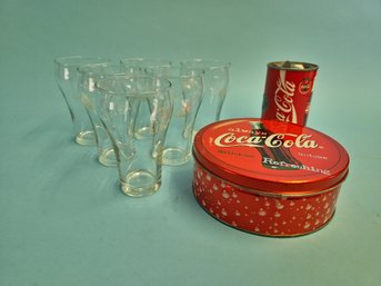 Vintage Coca-cola Coke Collectibles 6 Piece Set Of Glassware Electronic Coin Bank And Cookie Tin