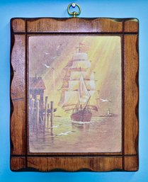 Painting Of A Ship In The Harbor On Carved Wood Frame By John E. Bradley