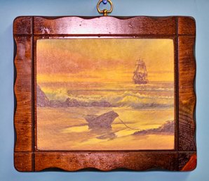 Sunset Seascape And Boat Painting On Carved Wood By Violet Parkhurst