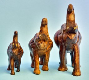 Set Of Three Carved Wooden Elephants