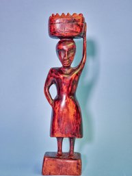 Hand Carved Wooden Statue Figurine African Woman Carrying Food On Her Head