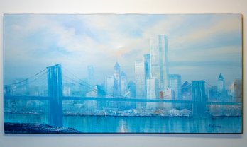 NYC Skyline Canvas Painting By Giacomo Roberto - Brooklyn Bridge & World Trade Center