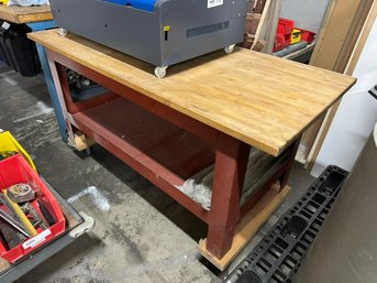 Butcher Block Wooden Work Table With Sturdy Steel Base And Super Nice Caster Wheels