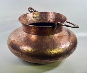 Antique Hand-Hammered Copper Cauldron With Forged Iron Handles - Artisanal Kitchenware