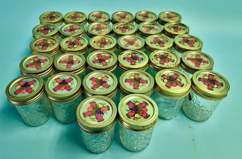 Lot Of 32 Antique Ball Glass Jelly Jars With Metal Lids With Cute Fruit Design