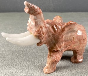 Pink Soapstone Hand Carved Elephant With Long Tusks