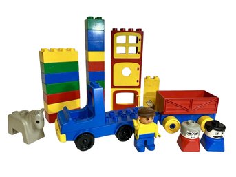Vintage Duplo Lego Lot Of 22 Bricks Building Blocks, 3 People, Horse, Truck And Wagon