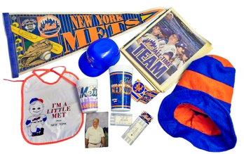 Lot Of Bew York Mets Memorabilia Pennant Plastic Ballcap Bib Tickets Novelty Hat Cups Newspaper