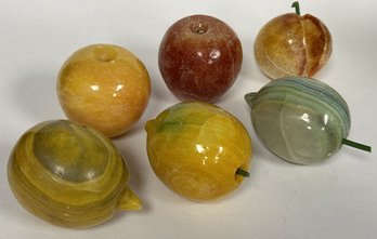 Set Of Six Antique Alabaster Stone Fruit - Lemon, Apple, Peach - High-End Decor Or Paperweights