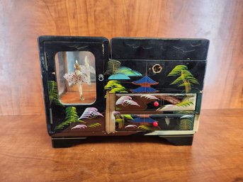 Antique Lacquered Hand Painted Asian Japanese Jewelry Music Box Dancing Woman Ballerina