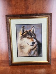 Wolf Painting By Linda Wacaster  17 X 20 Matted In Carved Wood Frame With Gold Lining Art Print