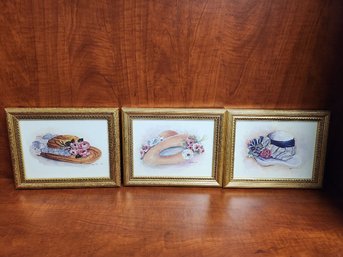 Lot Of Three Gilt Wooden Framed Peggy Abrams Paintings Of Hats Beautiful Home Decor Art Prints