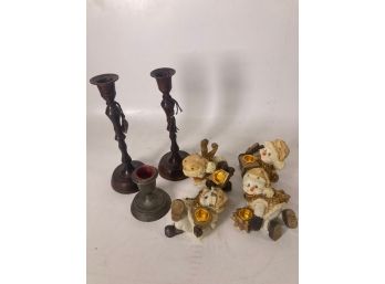 Lot Of 7 Vintage Candle Holders - Holiday Snowmen And Others