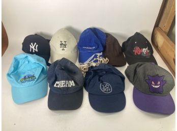 Lot Of 9 Adjustable Curved Brimmed Baseball Style Caps Pokemon Cream Yankees