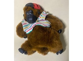Vintage Monkey Stuffed Animal With Striped Outfit And Red Hat - Rare Collectible Plush 1980s Toy