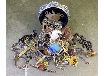 Assorted Vintage Jewelry Lot With Silver And Gold Tone Pieces, Crosses, Religious Medals...