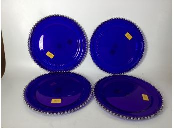 4 Indigo Stained Glass Plates With Faux Pearl Trim