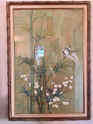 Chinese Bird Painting On Corkpaper And Bamboo Style Frame
