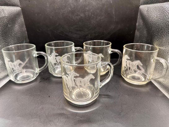 Clear Heavy Glass With Handle Coffee Mug With Etched Horses. Set Of 5