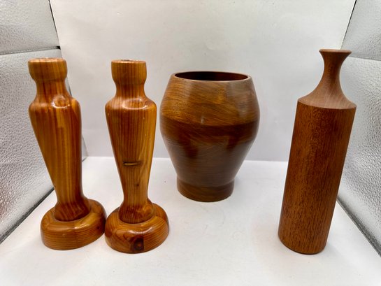 Handcrafted Wooden Candlesticks, Bottle, Vase