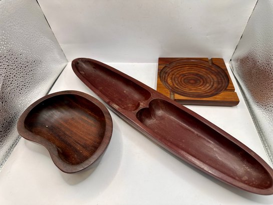 Vintage Collection Of Wooden Bowls, Ashtray (missing Glass)