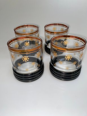 Four Vintage Sakura Sango Old-fashioned Glasses By Sue Lipkin. Gold Rim And Black Bottom Bands With Snowflakes