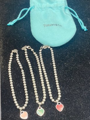 Set Of 3 Tiffany & Co. Sterling Silver Enamel Return To Tiffany Heart Bead Bracelets