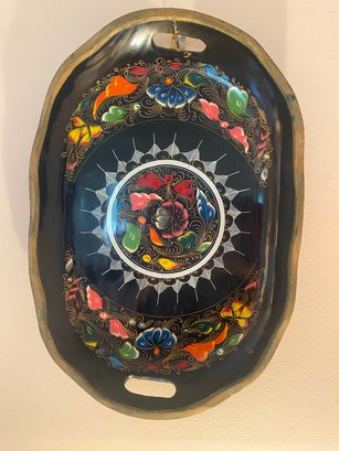 Vintage Mexican Batea Floral Hand Painted Carved Wood Folk Art Oval Serving Tray