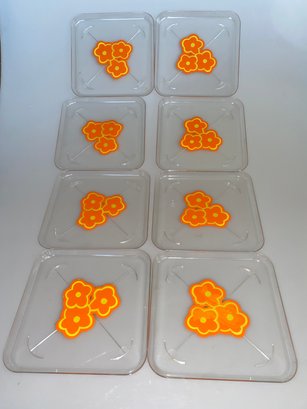 Set Of 8 Vintage Snack Plates, Plastic, Orange Daisy