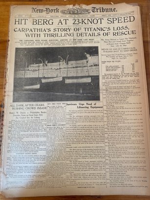 NY Tribune April 19,1912 Hit Berg At 23 Knot Speed Authentic Titanic Newspaper