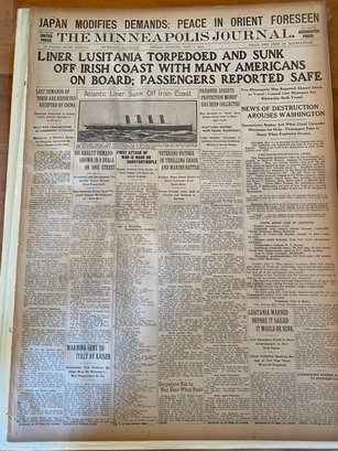 The Minneapolis Journal May 7,1915 Lusitania Sunk Authentic Newspaper