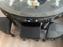 Shiny Black Lacquer Oriental Coffee Table Inlaid Pearl And 6 Stools, 7-Piece Set