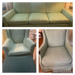 Slipcovered Seafoam Green Sofa, 2 Chairs, Ottoman