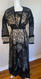 Antique 1910 Black Lace & Beads 2 Piece Gown