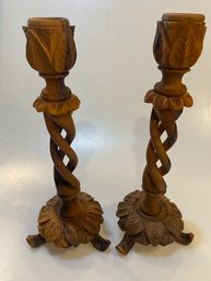 Carved Wood Candlestick Holders