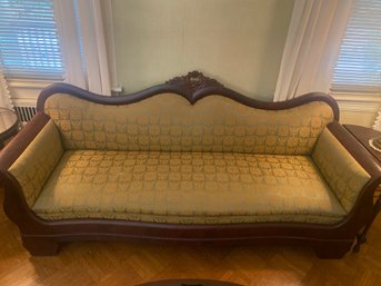 Antique Carved Wood Sofa Green Upholstery