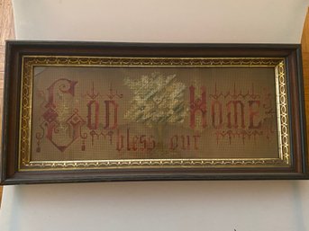 Antique Framed Cross Stitch God Bless Our Home