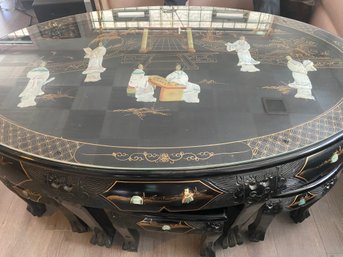 Shiny Black Lacquer Oriental Coffee Table Inlaid Pearl And 6 Stools, 7-Piece Set