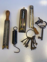 Antique Scales, Thermometers, Keys